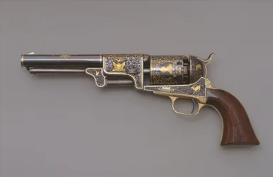 Colt Third Model Dragoon Percussion Revolver, ca 1853 (stål, mässing, guld och valnötsträ)