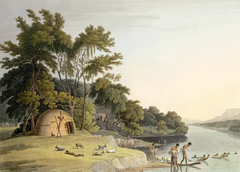 En Korah Hottentot Village på den vänstra stranden av Orange River, skylt 1 från 