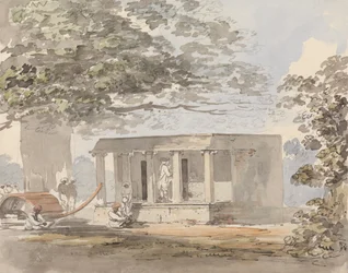 En europeisk gentleman går in i en bungalow i Indien