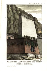 Bostad av Tessaling Lama med den religiösa byggnaden som kallas Kugopea. Illustration av löjtnant Samuel Davis från kapten Samuel Turner (1759-1802) Berättelse om en ambassad vid domstolen för Teshoo Lama i Tibet 1800. Kopparstick av Dell