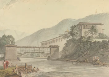 Utsikt över Tashichoedzong, Bhutan och Foot Bridge