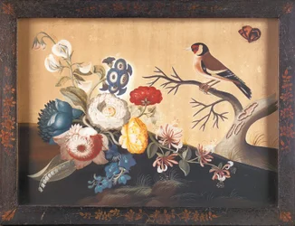 Goldfinch, med orange fältfjäril