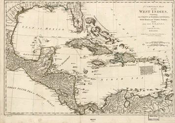 En komplett karta över Västindien som innehåller Floridas, Louisianas, Nya Spaniens och Terra Firmas kuster: Med alla öarna.