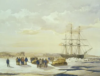 Kälkefest som lämnar H.M.S. Utredare i Mercy Bay, 15 april 1853, graverad av E. Walker, utgiven av Ackermann und Co., 1854