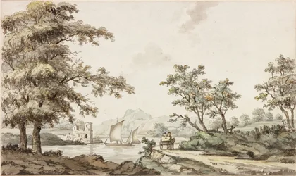 En flod med segelbåtar och en häst och vagn (bläck (svart) och akvarell på papper)