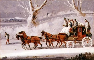 The Royal Mail in a Snow Storm (olja på panel)