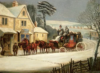 Vinterscen med Royal Mail stoppad på ett värdshus (olja på panel)
