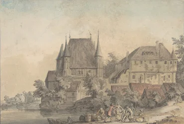 Utsikt över en by längs en flod, 1766.