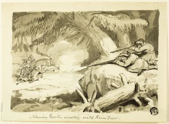 Sibiriska exil som skjuter vildrenar (recto); Skal (verso)