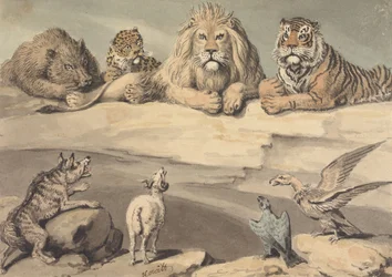 Ett vildsvin, en leopard, ett lejon, en tiger, en varg, en bagge och två örnar