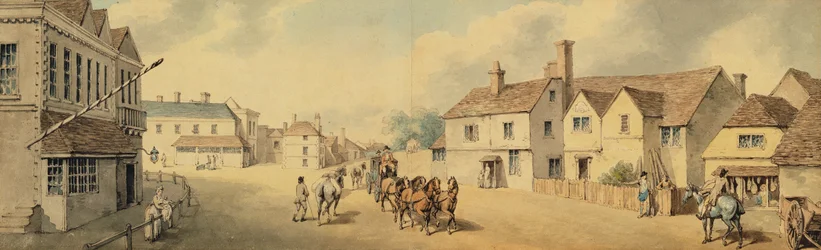 En tränare och fyra passerar Chippenham, Wiltshire (penna och bläck och wc på papper)
