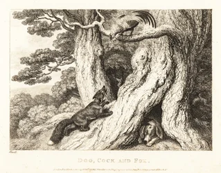 En tupp i ett träd överlistar en räv medan en hund sover. 1811
