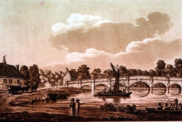 Chertsey Bridge, illustration från "pittoreska vyer av Themsen", pub. 1799 (etsning, akvatint)