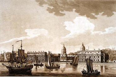 Greenwich sjukhus, illustration från "pittoreska vyer av Themsen", pub. 1799 (etsning, akvatint)