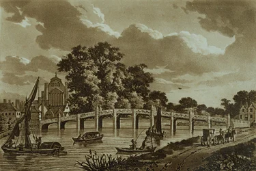 Hampton Court Bridge, illustration från "pittoreska vyer av Themsen", pub. 1799 (etsning, akvatint)