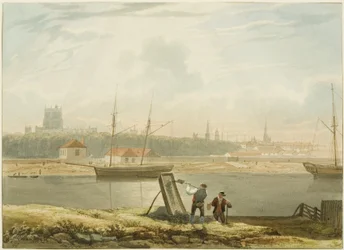 Utsikt över den flytande hamnen, ca 1825 (penna och akvarell på papper)