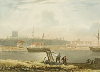 Utsikt över den flytande hamnen med katedralen och stadskyrkorna, ca. 1825