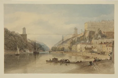 View on the Avon at Hotwells: The Proposed Suspension Bridge, c.1836 (penna och akvarell på papper)