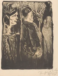 Fantasy: till vänster två figurer med hattar till höger, till höger ett repigt utseende med fjäderdräkt