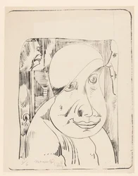 Fantasi: manshuvud med sned hatt, halvt över höger öga