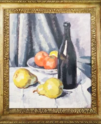 Äpplen, päron och en svart flaska på ett draperat bord, c.1928