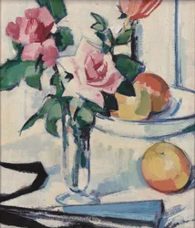 Stilleben med rosa rosor,