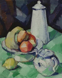 Stilleben med tekanna och frukt på en grön duk, c.1913