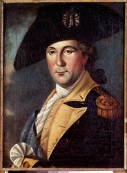Porträtt av George Washington (1732-1789) representant i kostym Porträtt av George Washington (1732-1789) representant i allmän kostym, med halsduken av överbefälhavaren för den kontinentala armén - Målning av Samuel King (1748-1819)