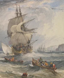 Segelfartyg och småbåtar i grov sjö utanför kusten