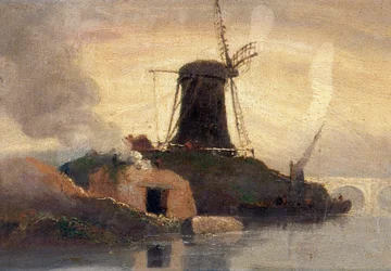 Väderkvarn och tegelugn vid flodstrand (olja på pannå)