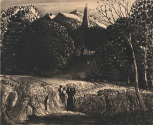 Cornfield och Church by Moonlight