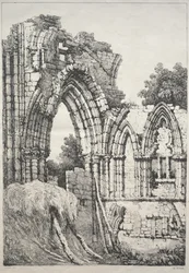 En serie gamla byggnader och lantliga stugor i norra England: At York, Ruins, 1821.