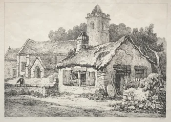 En serie gamla byggnader och lantliga stugor i norra England: Ayton, 1821.
