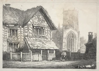 En serie gamla byggnader och lantliga stugor i norra England: Helmsley, 1821.