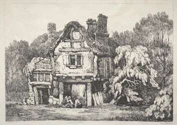 En serie gamla byggnader och lantliga stugor i norra England: nära Ashbourne, 1821.