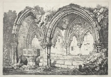 En serie gamla byggnader och lantliga stugor i norra England: En del av Kirkham Abbey