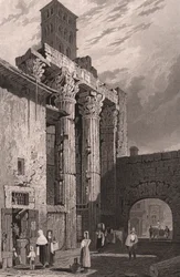 Kolumner av Mars Ultors tempel, Rom, Lazio, Italien, stålstick av Samuel Prout (1783-1852) teckning, ca 15x115 cm