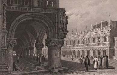 Förkortning av arkad av Dogepalatset (Palazzo Ducale) med utsikt över Markusplatsen och bibliotekspalatset, Venedig, Veneto, Italien, stålstick efter teckning av Samuel Prout (1783-1852), cirka 15x11,5 cm