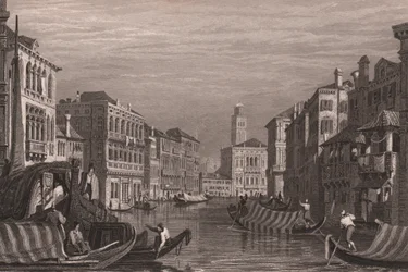 Gondoler på Canal Grande (Canal Grande), Venedig, Veneto, Italien, stålstick efter teckning av Samuel Prout (1783-1852), cirka 15x11,5 cm