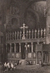Ikonostas i Markuskyrkan (Basilica di San Marco), Venedig, Veneto, Italien, stålstick efter teckning av Samuel Prout (1783-1852), cirka 15x11,5 cm