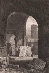 Fredens tempel eller Vespasianus forum, Rom, Lazio, Italien, stålstick från teckning av Samuel Prout (1783-1852), ca 15x115 cm