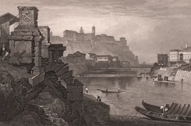 Tiberfloden med berget Aventine i bakgrunden, Rom, Lazio, Italien, stålstick från teckning av Samuel Prout (1783-1852), ca 15x115 cm