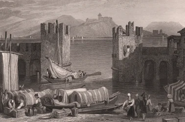 Vy över slottet Angera i Arona, Lago Maggiore, Piemonte, Italien, stålstick från teckning av Samuel Prout (1783-1852), ca 16x11 cm