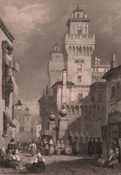 Vy över Castello Estense, Ferrara, Emilia-Romagna, Italien, stålgravyr av John Godfrey (ca 1817-1889) efter ritning av Samuel Prout (1783-1852), ca 26x17 cm, utgiven av Blackie and Son