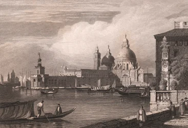 Vy över Canal Grande (Canal Grande) med Punta della Dogana och Basilica di Santa Maria della Salute i bakgrunden, Venedig, Veneto, Italien, stålstick efter teckning av Samuel Prout (1783-1852), cirka 15x11,5 cm