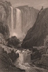 Vy över Marmores fall (Cascata delle Marmore) nära Terni, Umbrien, Italien, stålstick efter teckning av Samuel Prout (1783-1852), cirka 15x11,5 cm