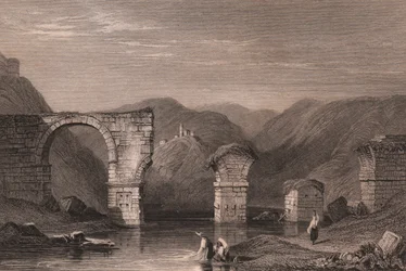 Vy över romerska ruiner av Augustus-bron (Ponte di Augusto) över Nera-floden, Narni, Umbrien, Italien, stålstick efter teckning av Samuel Prout (1783-1852), cirka 15x11,5 cm