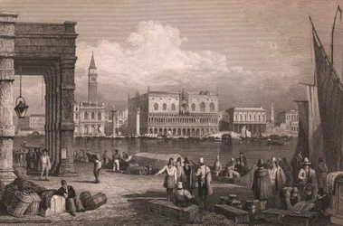 Vy över Markusbassängen i Venedig, Veneto, Italien, stålstick efter teckning av Samuel Prout (1783-1852), cirka 15x11,5 cm