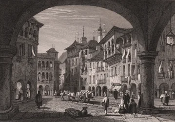 Utsikt över torget i Domodossola, Piemonte, Italien, stålgravyr från en teckning av Samuel Prout (1783-1852), ca 16x11 cm