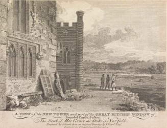 En vy av det nya tornet och en del av det stora Kitchin-fönstret i Arundel Castle, Sussex (utgiven av J. Sewell); sida 13 (volym ett)